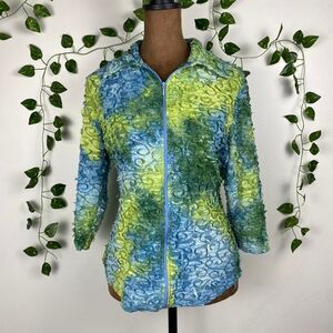 Snoskins blue and green tie-dye zip up jacket swirl textured fairy artsy sporty